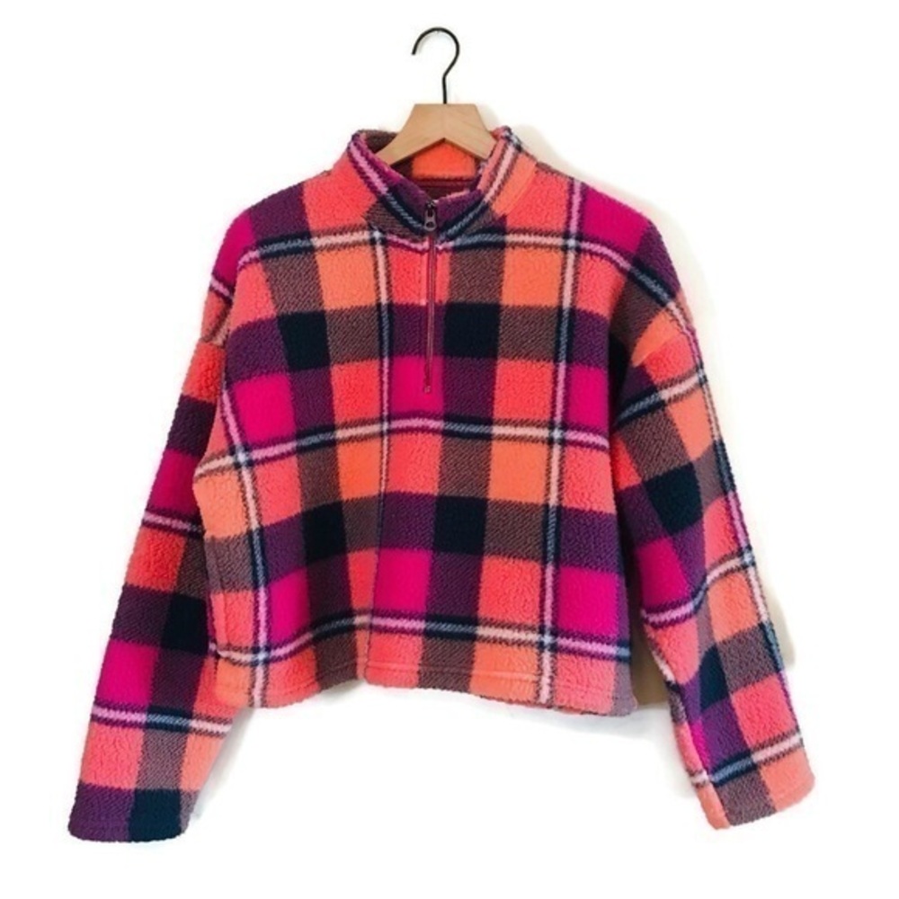 AE American Eagle Pink Orange Plaid Half Zip Cropped Teddy Bear Sherpa Pullover